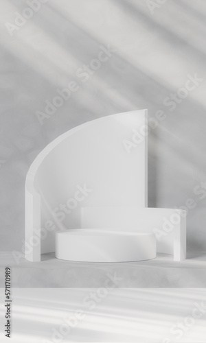 3d rendering A white cylindrical podium is decorated with a geometric wall in the style of a trade show platform on a Siemens background.