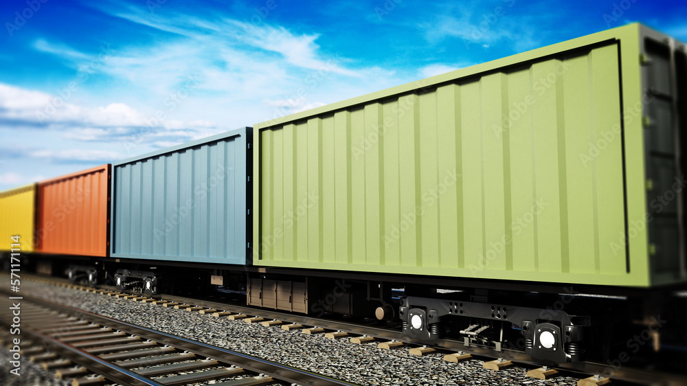 Obraz premium Cargo train moving on the railroad. 3D illustration