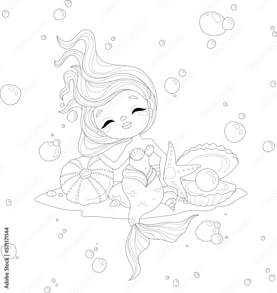 Cute cartoon mermaid girl under the sea with sea shells and bubbles sketch template. Graphic vector illustration in black and white for games. Children`s story book, fairytail, coloring paper, page. Cute cartoon mermaid girl under the sea with sea shells and bubbles sketch template. Graphic vector illustration in black and white for games. Children`s story book, fairytail, coloring paper, page.