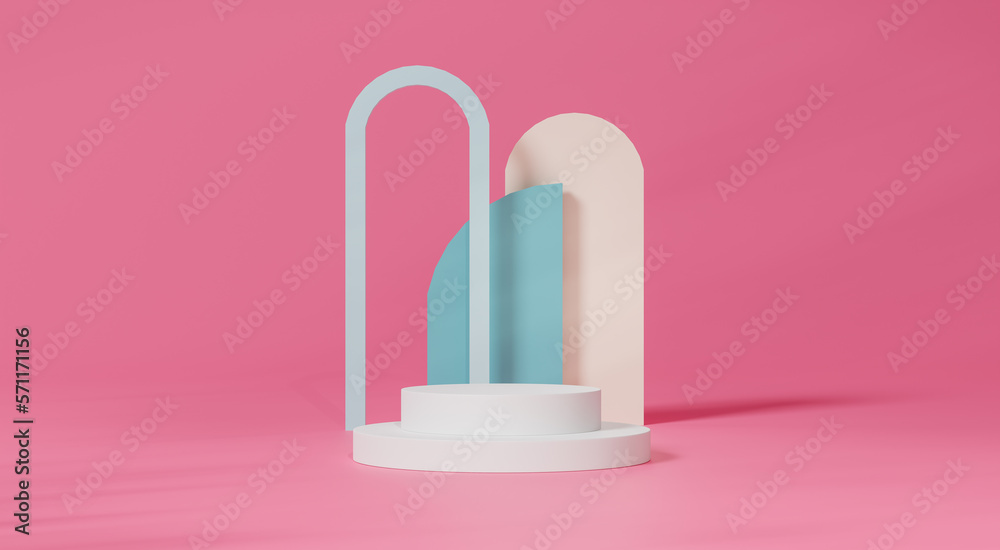 3d rendering A white cylindrical podium is decorated with a geometric wall in the form of a showcase platform on a pink background. 3d rendering A white cylindrical podium is decorated with a geometric wall in the form of a showcase platform on a pink background.