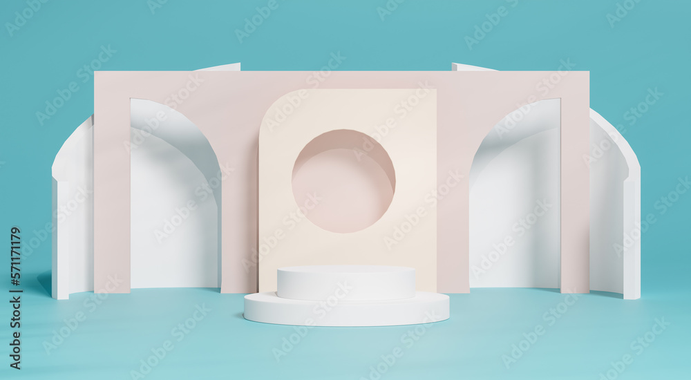 3d rendering A white cylindrical podium is decorated with a geometric wall in the form of a showcase platform on a green background. 3d rendering A white cylindrical podium is decorated with a geometric wall in the form of a showcase platform on a green background.