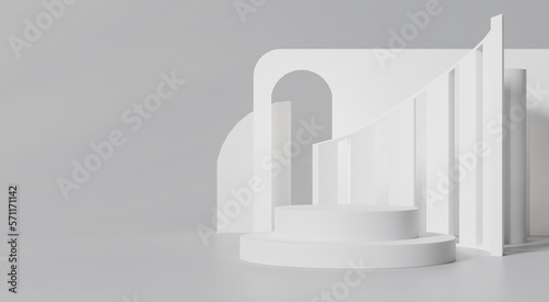3d rendering A white cylindrical podium is decorated with a geometric wall in the form of a showcase platform on a white background.