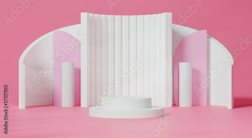 3d rendering  A white cylindrical podium is decorated with a geometric wall in the form of a showcase platform on a pink background.