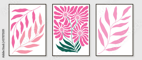 Set of abstract floral wall art vector. Leaves, watercolor texture, pink color, leaf branches in hand drawn style. Botanical wall decoration collection design for interior, poster, cover, banner.