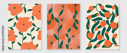 Set of abstract floral wall art vector. Orange flowers, tropical plants, leaf branches, fruits in hand drawn style. Botanical wall decoration collection design for interior, poster, cover, banner.