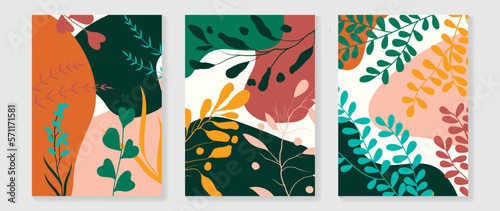 Set of abstract foliage wall art vector. Leaves, watercolor texture, earth tone, leaf branches in hand drawn style. Botanical wall decoration collection design for interior, poster, cover, banner.