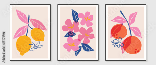 Set of abstract fruits wall art vector. Watercolor texture, vintage, lemon, oranges, flowers in hand drawn style. Botanical wall decoration collection design for interior, poster, cover, banner.