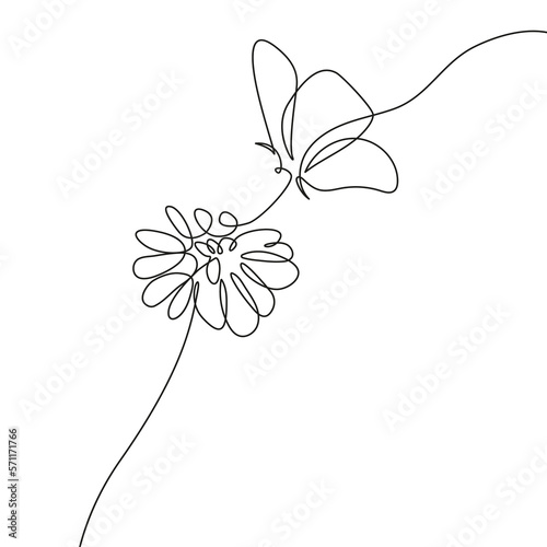 Butterfly on Flower Continuous One Line Drawing. Flower and Butterfly Line Art Sketch Isolated on White Background. Botanical Abstract Simple Illustration for Minimalist Design. Vector EPS 10. 
