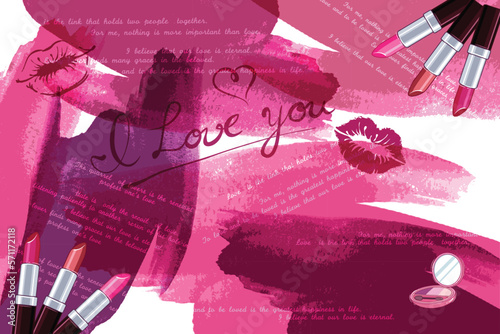 sexy pink barbie doll girl love sweet kiss romantic makeup lipstick set abstract watercolor background