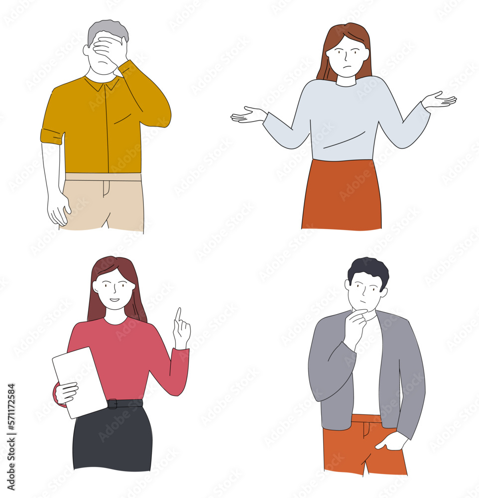 People think, make a choice, hold their head with their hand, express emotions. Gestures of men and women, students, manager. Vector graphics in linear style.
