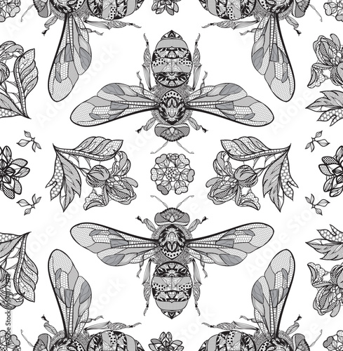 Seamless lace ornament. bees. Vector illustration