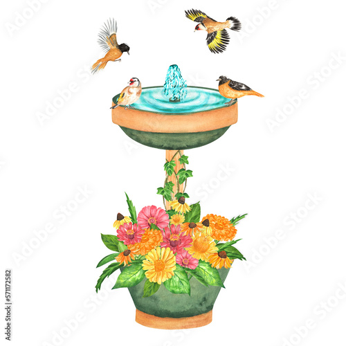 A composition with flying and sitting birds, birdbath and flowers. An illustration for printing design, textile, scrapbooking, stickers, postcards. Isolated. Hand drawn watercolor illustration. photo