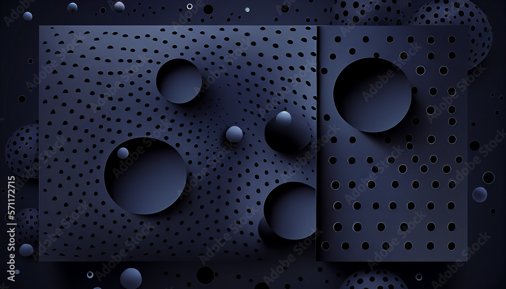 Modern black and dark navy blue abstract 3d background with dot sphere and circle hole. Generative AI. Modern black and dark navy blue abstract 3d background with dot sphere and circle hole. Generative AI.