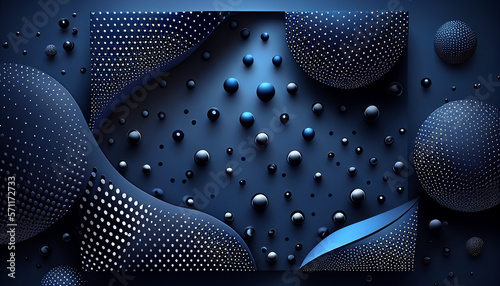 Modern black and dark navy blue abstract 3d background with dot sphere and circle hole. Generative AI.