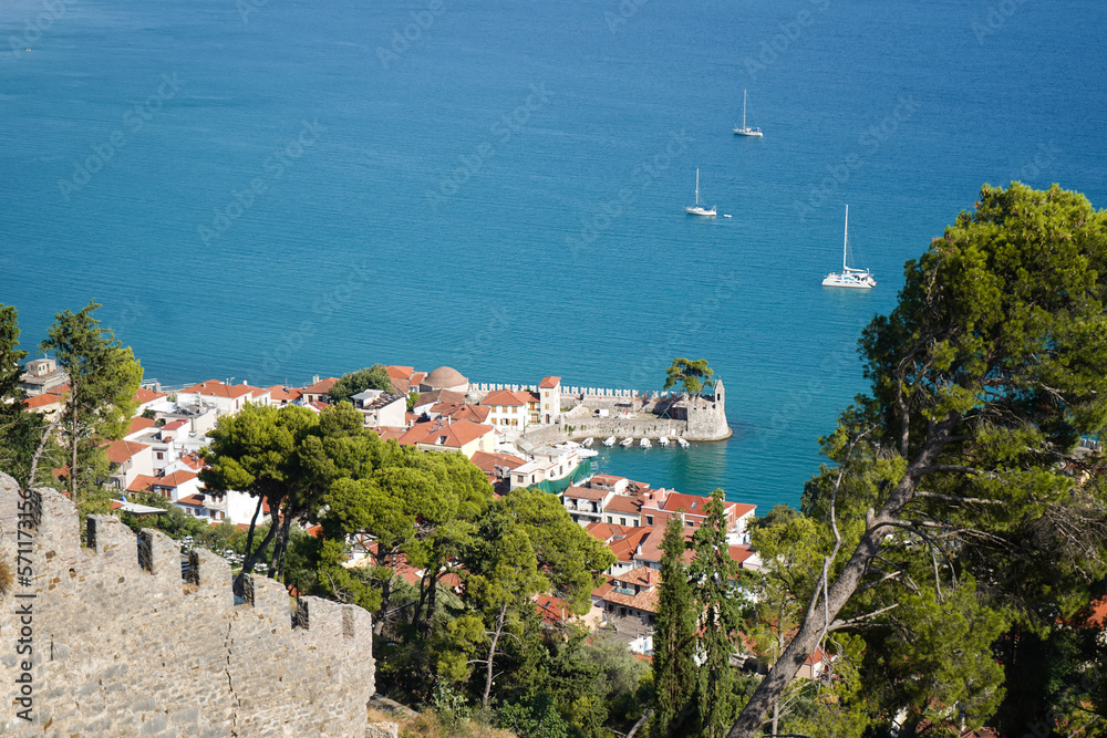 View of of Nafpaktos, Lepanto with the fortress wall, Greece.  