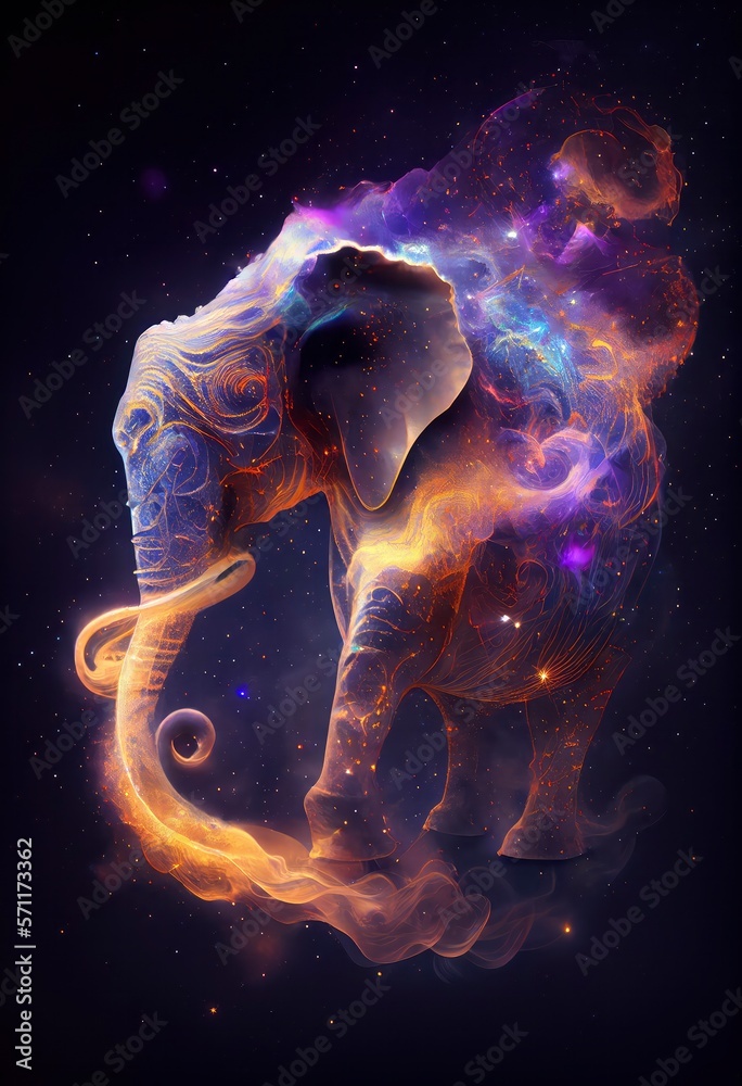 elephant in galaxy stars with iridescent style and with the shape of a elephants face generative ai