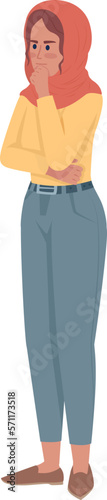 Young woman in pensive mood semi flat color vector character. Worry about future. Editable figure. Full body person on white. Simple cartoon style illustration for web graphic design and animation