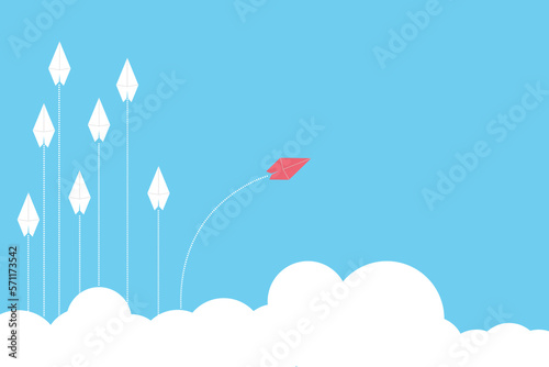 Red airplane changing direction. New idea, change long-
