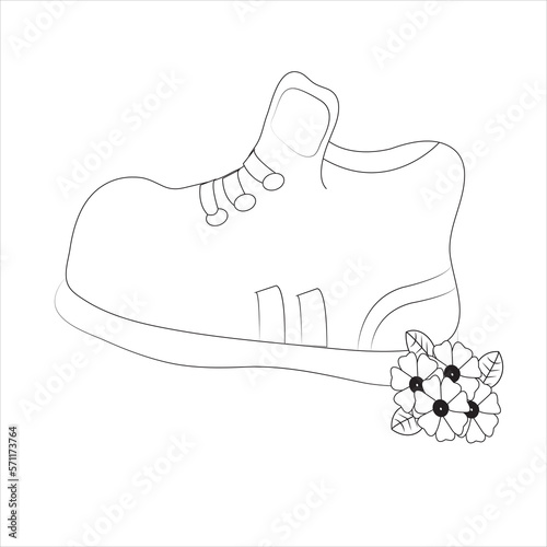 Vector illustration of a zentangl, shaggy puppy sitting in a shoe among the flowers. Drawing doodles. Coloring page Anti-stress for adults and children. Work done in manual.Black and white.