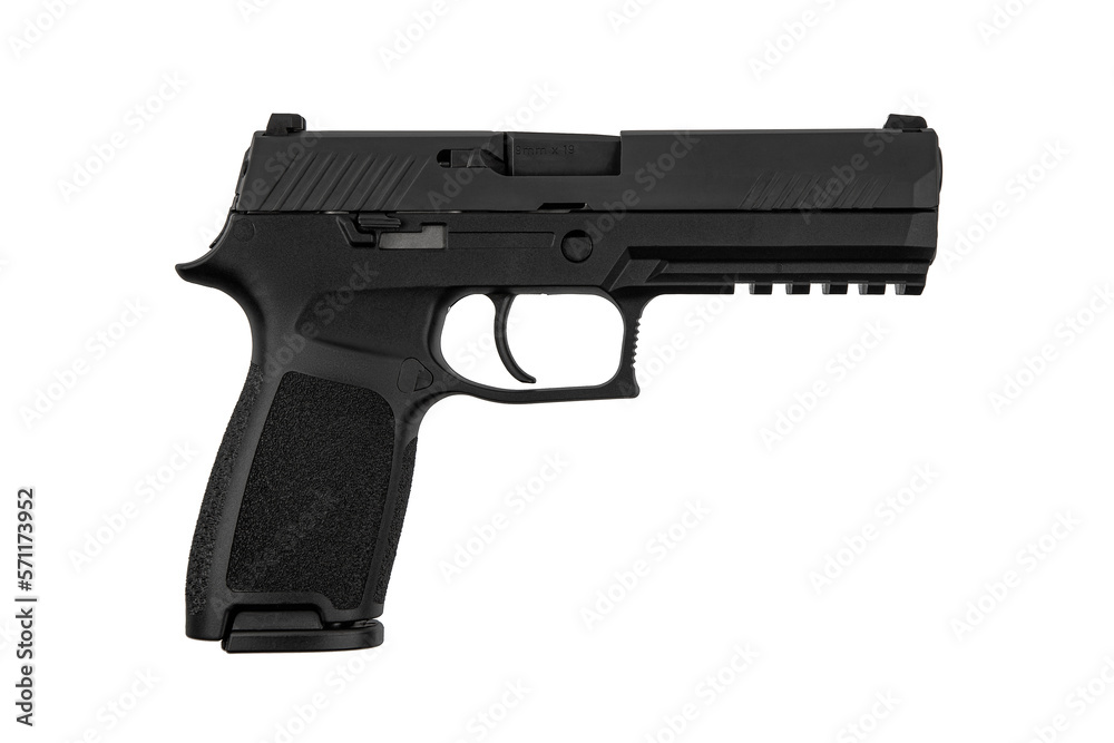 Modern semi-automatic pistol isolate on a white background. Armament for the army and police. Short-barreled weapon Modern semi-automatic pistol isolate on a white background. Armament for the army and police. Short-barreled weapon