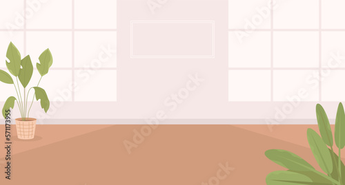 Unfurnished apartment with large windows and houseplants flat color vector illustration. Renting real estate. House renovation. Fully editable 2D simple cartoon interior with pink walls on background