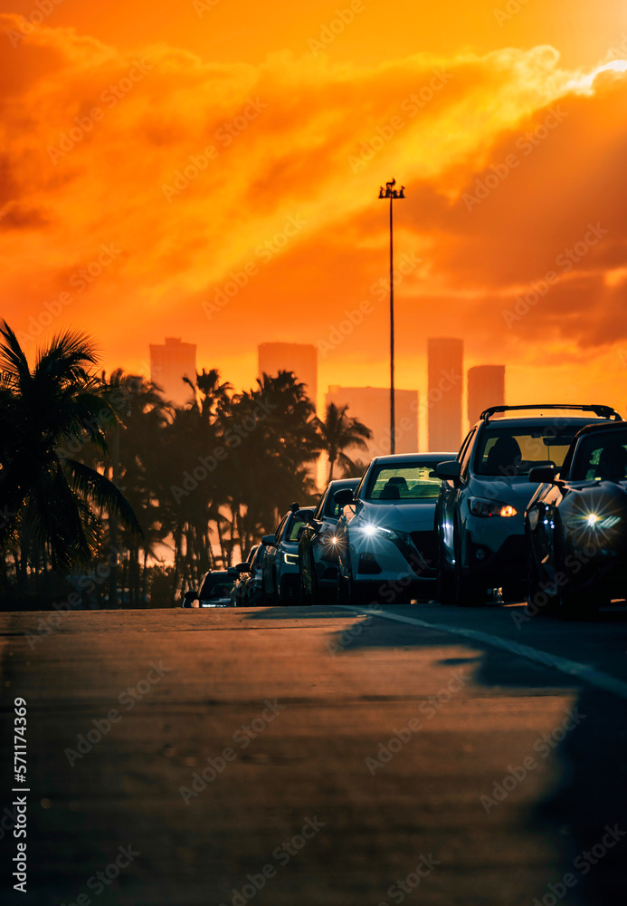 sunset road miami usa florida skyscrapers lights cars traffic