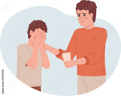 Respecting teenager feelings 2D vector isolated illustration. Father comforting son with glass of water flat characters on cartoon background. Colorful editable scene for mobile, website, presentation