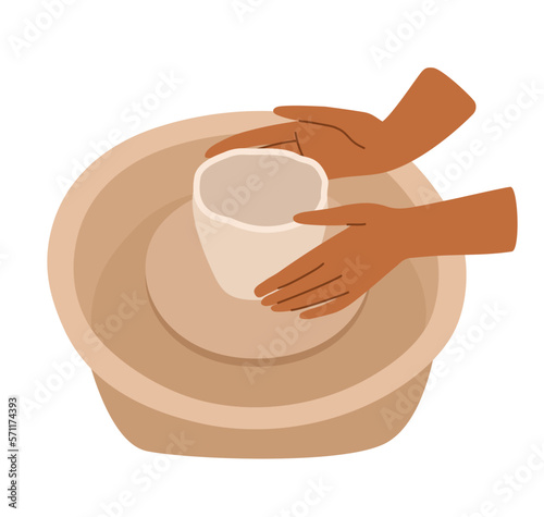 Closeup of craftsman hands on pottery wheel making a pot out of clay. Vector illustration isolated on white.