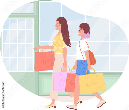 Go shopping 2D vector isolated illustration. Modern mom and daughter purchasing clothes together flat characters on cartoon background. Colorful editable scene for mobile, website, presentation