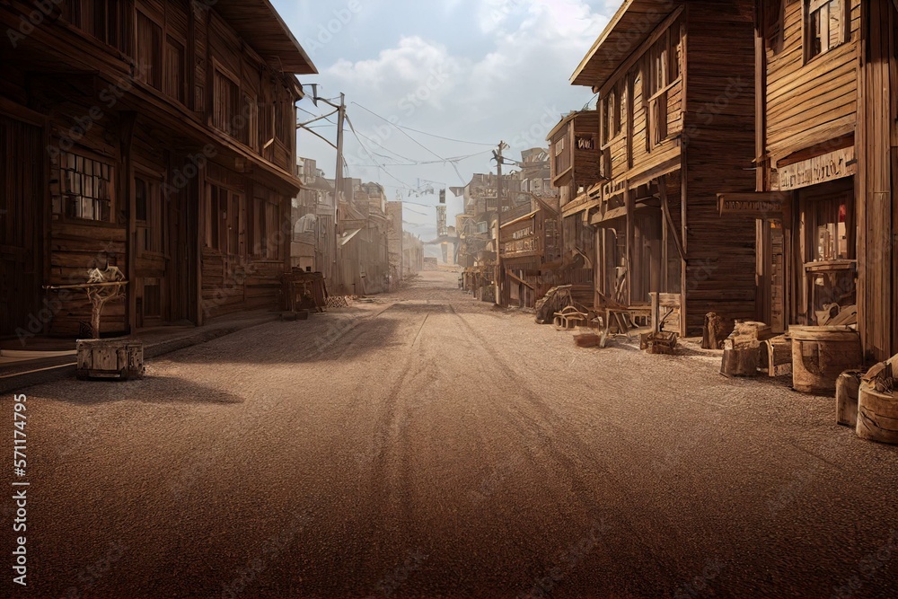3D illustration rendering of an empty street in an old wild west town with wooden buildings. Generative AI - obrazy, fototapety, plakaty 