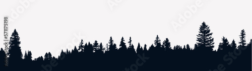 Panoramic black evergreen forest silhouette