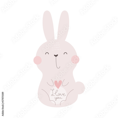 I love you. Cartoon rabbit, hand drawing lettering. colorful vector illustration, flat style. design for print, greeting card, poster decoration, cover