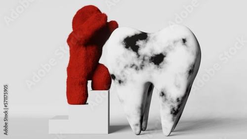 Toothache red furry Yeti monster catching molar tooth 3D animation.Acute pain Sensitivity Caries Bacteria Infection Pulpitis Dental clinic advertisiment Aching painful inflamed wisdom teeth extraction photo