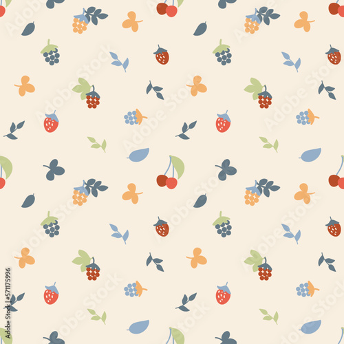 Seamless pattern of forest and garden berries. Cherries, wild strawberries, raspberries, blackberries on a light background. Warm summer colors for prints, wallpapers, textiles. Vector