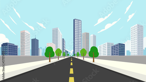 Street road to city.cityscape with sky background vector illustration.Building with road.Perspective Downtown street