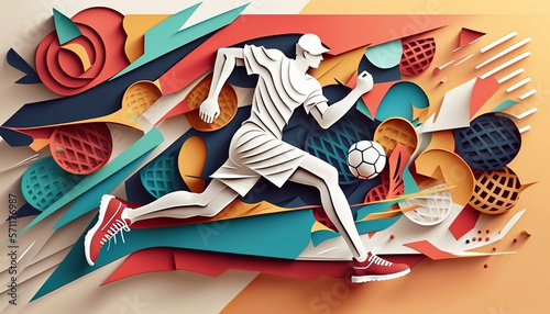Colorful running pose sport background with paper cut style. Marathon, runner, sprinter, sport, jogging background. Generative AI. photo