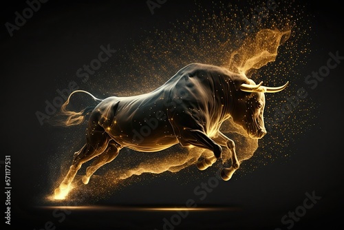Charging Bull on black background. Bull represents aggressive financial optimism and prosperity. Generative AI.