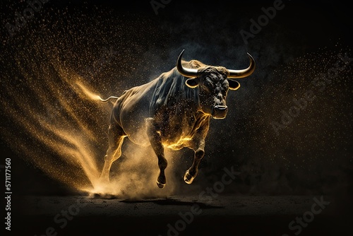 Charging Bull on black background. Bull represents aggressive financial optimism and prosperity. Generative AI. photo