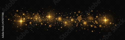 Sparkling space magical dust particles. The dust sparks and golden stars shine with special light. Glitter bokeh lights isolated on a transparent background. 