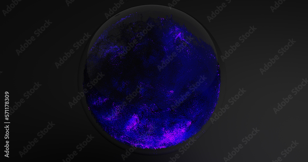 Magic crystal ball on a black background. Glowing particles. Galaxy. Stars. 3D illustration and rendering.
