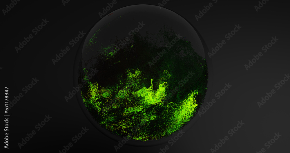 Magic crystal ball on a black background. Glowing particles. Galaxy. Stars. 3D illustration and rendering.