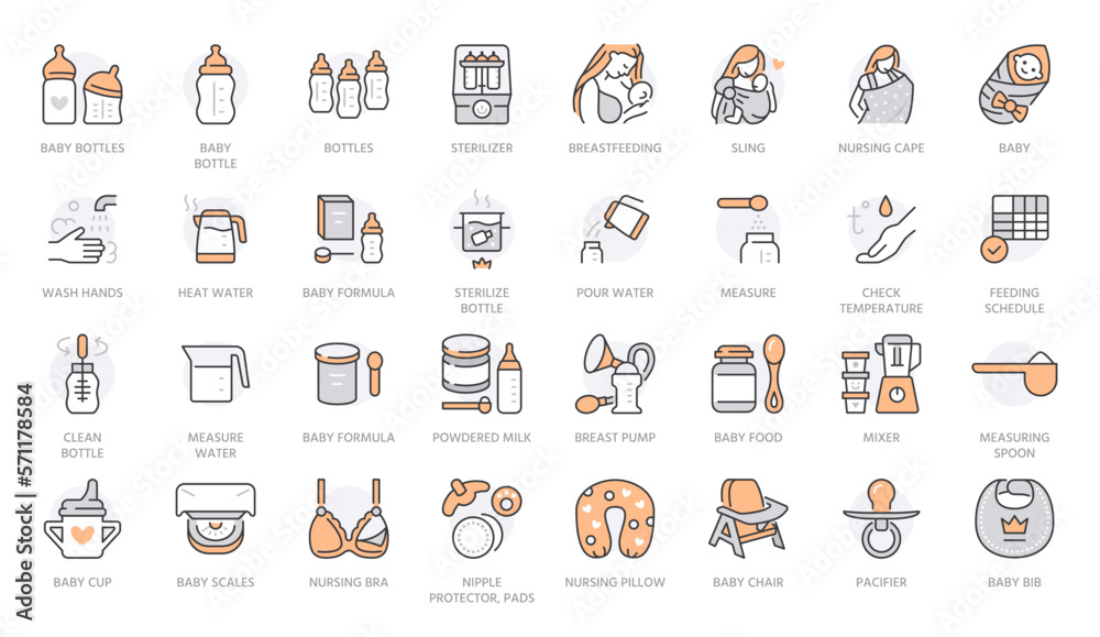 Vetor de Breastfeeding line icons set. Baby food, breast feeding formula, milk bottle, pump