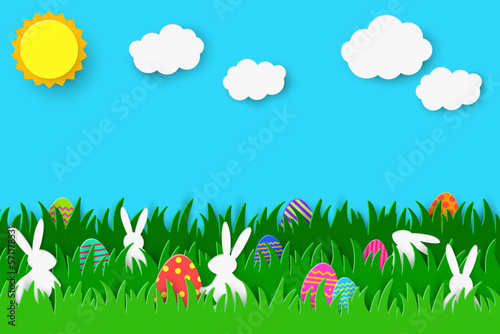 Colourful Easter background with bunnies and painted eggs hidden in spring grass. Paper cut decoration. Vector illustration