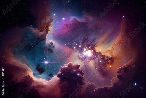 Abstract outer space endless nebula galaxy background. Galaxy with colorful nebula, shiny stars and heavy clouds. Blue and purple background. Futuristic cosmos design. Generative AI