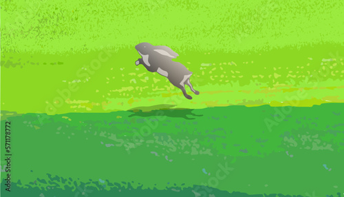 A white rabbit is Jumping on the grass happily, enjoying the sunny day, the meadow is in different shades of green, realistic vector illustration