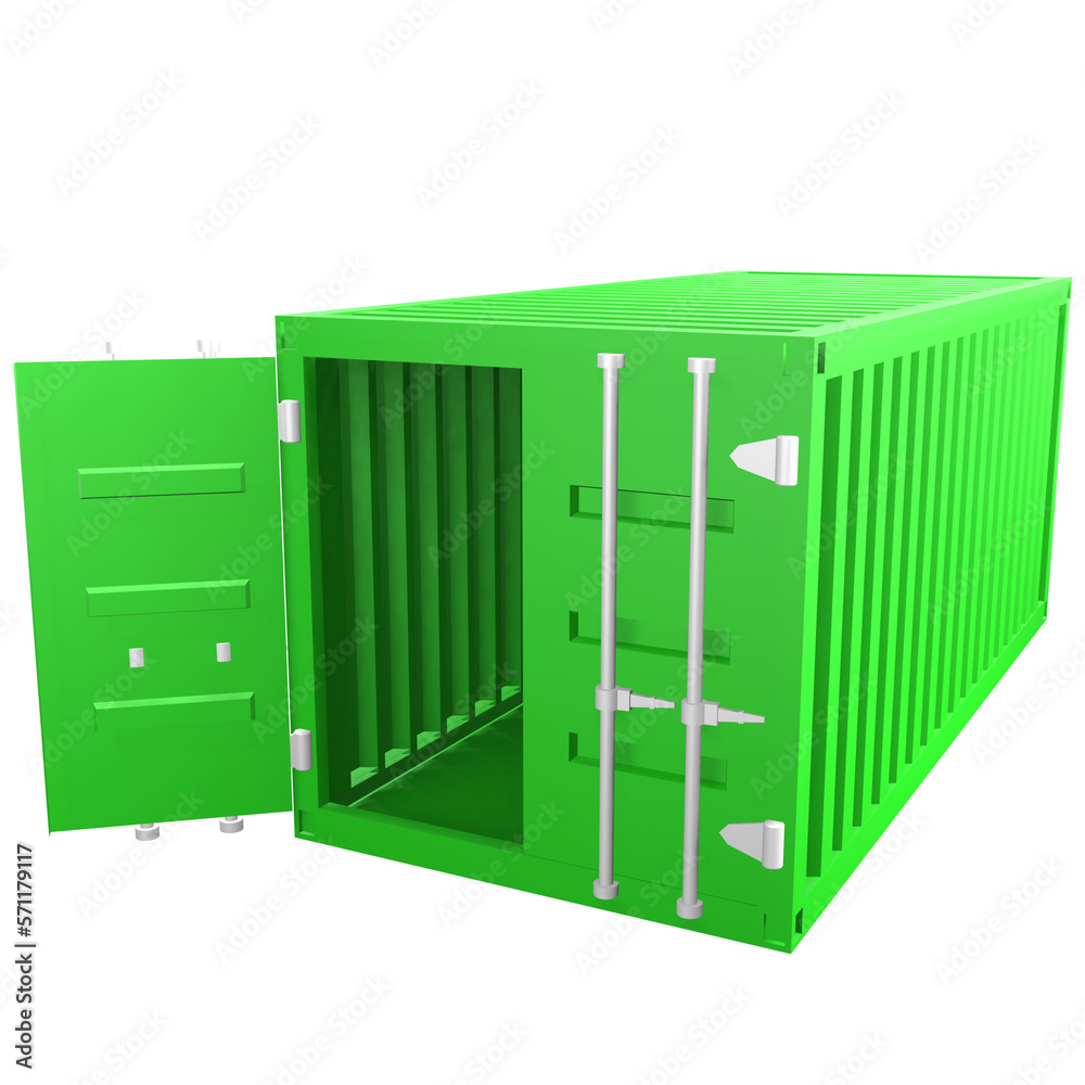 3D design of cargo containers for storage transportation illustration. 3D design of a green colored cargo with open and closed doors 3D design of cargo containers for storage transportation illustration. 3D design of a green colored cargo with open and closed doors