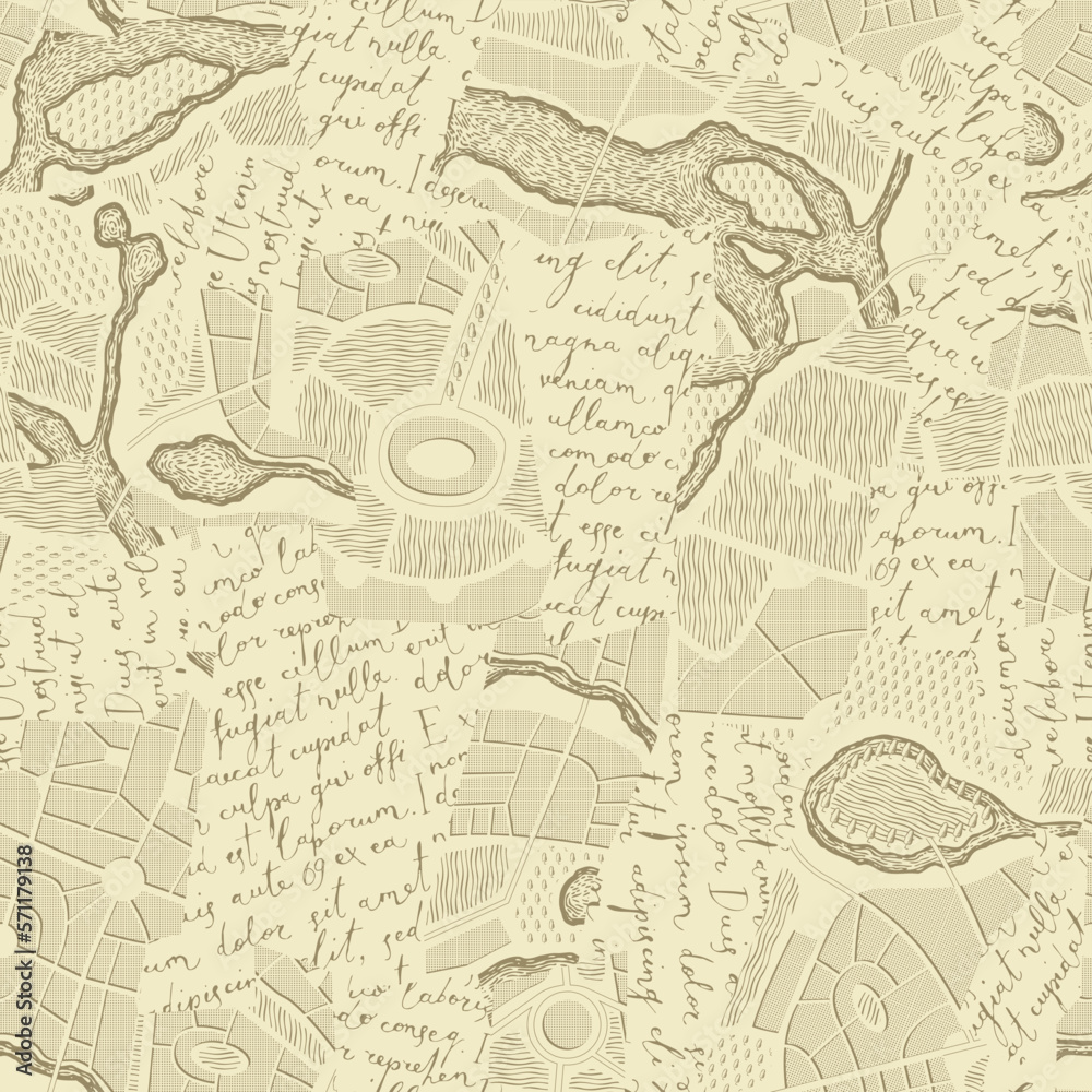 Texture Seamless pattern with collage of letters with handwritten text and pieces of geographical maps. Vector background in retro style with imitated text. Suitable for wallpaper design, fabric Texture Seamless pattern with collage of letters with handwritten text and pieces of geographical maps. Vector background in retro style with imitated text. Suitable for wallpaper design, fabric