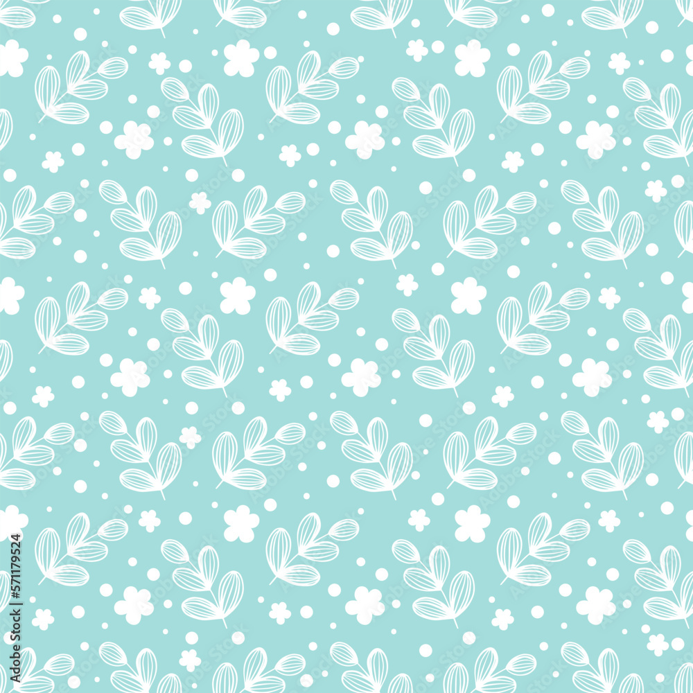 Delicate print with leaves and flowers on blue. Semless simple pattern Delicate print with leaves and flowers on blue. Semless simple pattern
