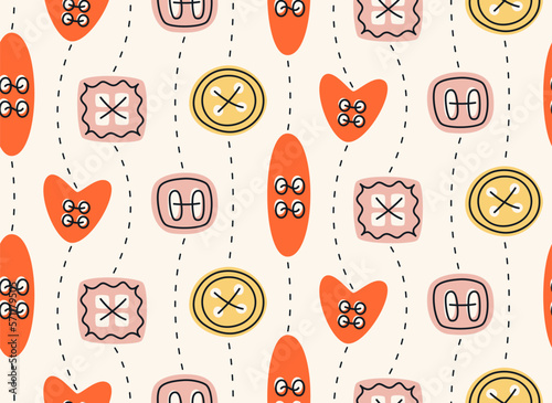 Seamless pattern with buttons and stitches. Beautiful texture in doodle style.