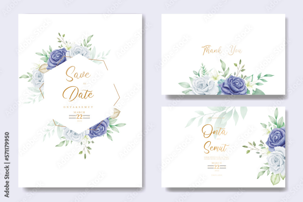 Navy blue Floral Wedding Invitation Card Template